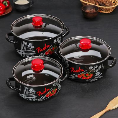 Набор эмалированных кастрюль «Болоньезе», 3 шт.: 2 л, 3 л, 4 л, d=20.5 см, 23 см, 26 см, индукция, чёрные
