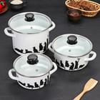 Набор эмалированных кастрюль «Кошечки», 3 предмета: 1.5 л, 2.3 л, 5 л, индукция, белый - Фото 1