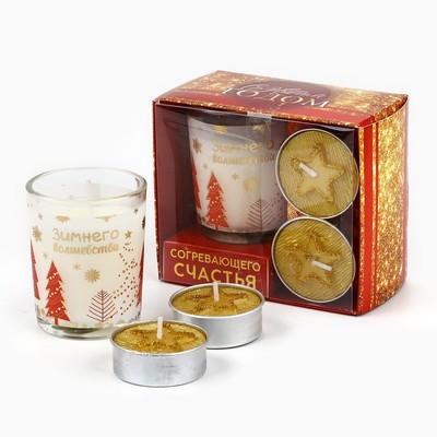 Свечи новогодние «Согревающего счастья», аромат ваниль 5×6 см, свечи чайные 2 шт. 3.7×1.5 см