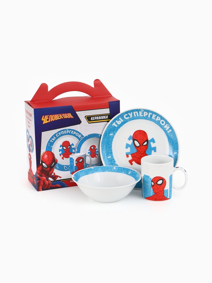 Набор посуды керамической детской, 3 предмета: кружка 200 мл, тарелка 19 см, салатник 250 мл, «Ты - супергерой», Человек-паук - Фото 1