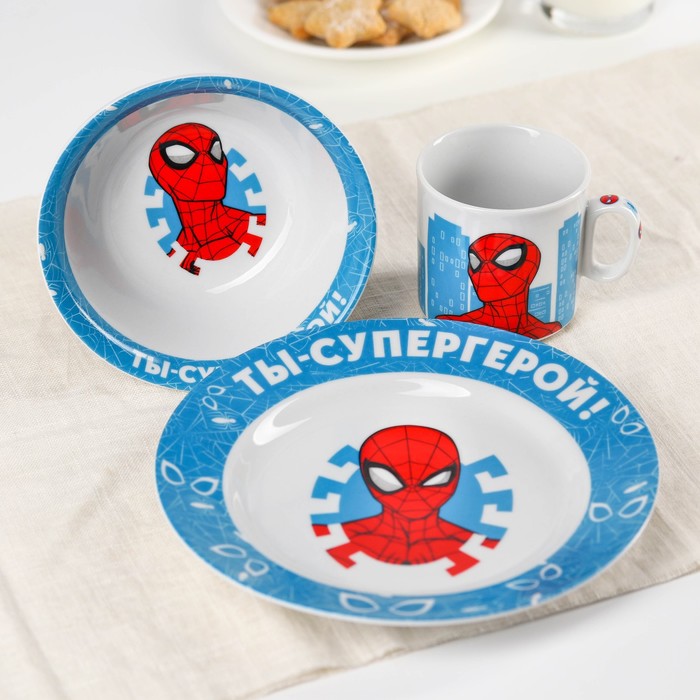 Набор посуды, 3 предмета: тарелка Ø 16,5 см, миска Ø 14 см, кружка 250 мл, "Ты - супергерой", Человек-паук - фото 1887979567