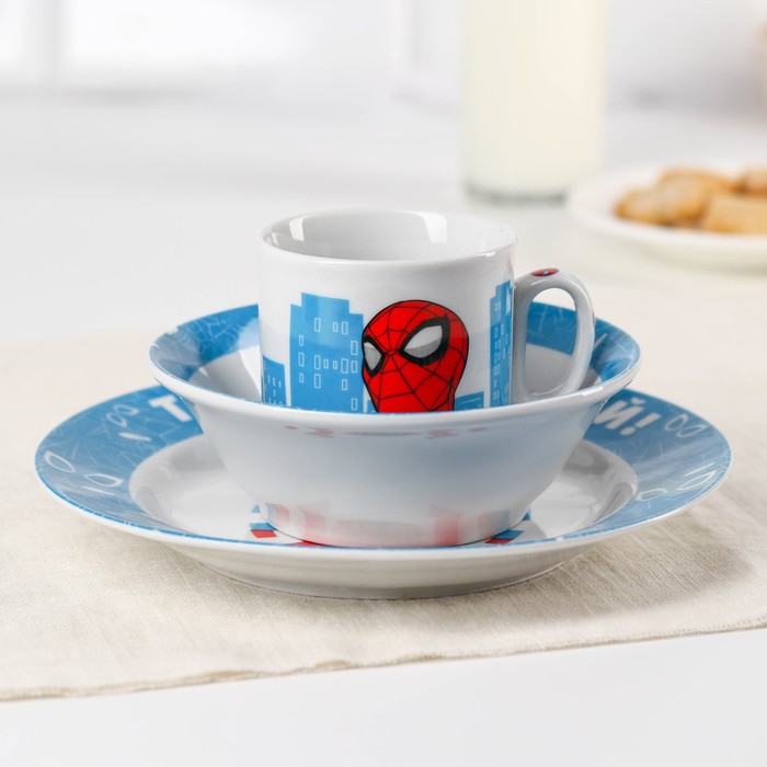 Набор посуды, 3 предмета: тарелка Ø 16,5 см, миска Ø 14 см, кружка 250 мл, "Ты - супергерой", Человек-паук - фото 1887979571
