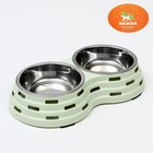 Миска металлическая двойная на пластиковом основании 2×160 мл, 25×14×5 см, зелёная - Фото 2