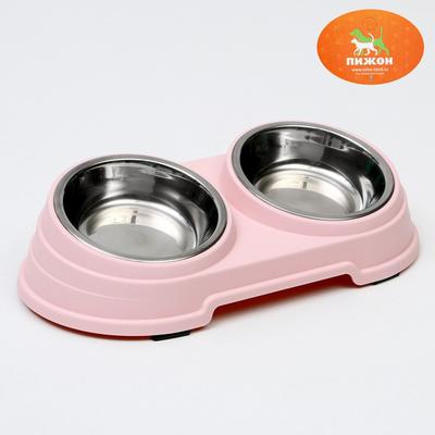 Миска металлическая двойная наклонная на пластиковом основании, 28,5 х 15 х 7 см, розовая