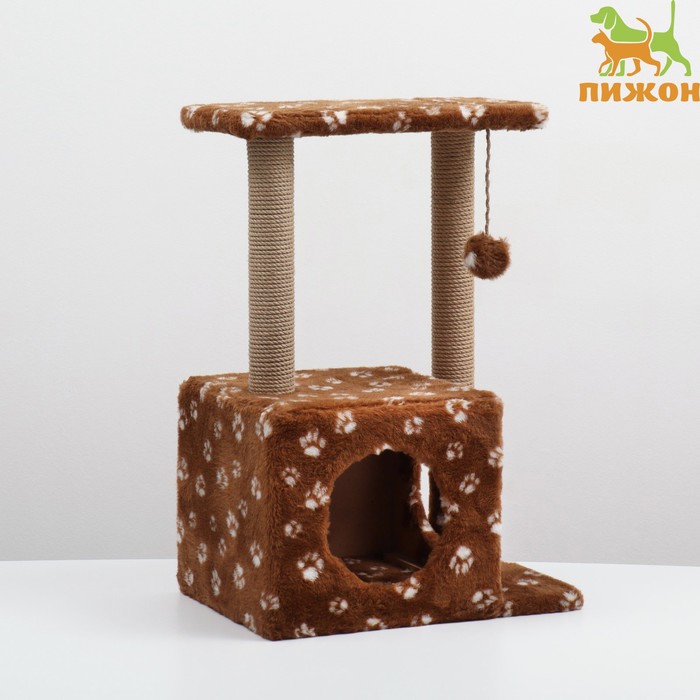 Домик для кошек с когтеточкой, двухэтажный, с окошками, 50х36х75 см, коричневая с лапками