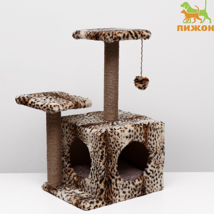 Домик для кошек с когтеточкой, квадратный, 3х-этажный, 45 × 47 × 75 см, леопард - Фото 1