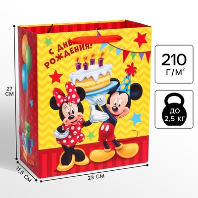 Пакет подарочный «С днём рождения!», 23×27×11.5 см, упаковка, Микки Маус
