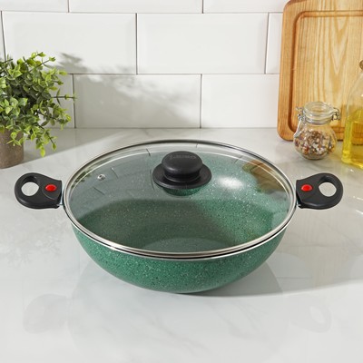 Казан алюминиевый, 4 л, d=28 см, стеклянная крышка, две съёмные ручки, антипригарное покрытие, цвет зелёный