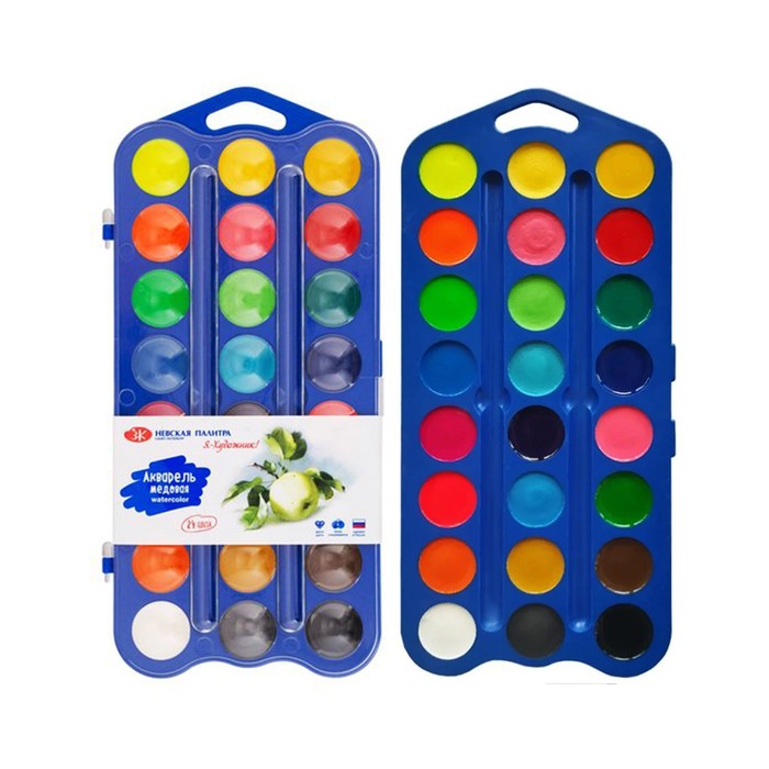 Акварель медовая 24 цвета, ЗХК «Я - Художник!», (12 основных, 6 перламутровых и 6 флуоресцентных цветов) без кисти, в пластиковой коробке - Фото 1
