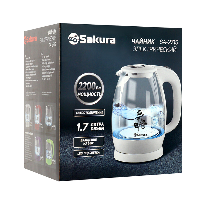 Чайник электрический Sakura SA-2715GR, стекло, 1.7 л, 2200 Вт, зеленый - фото 51665875