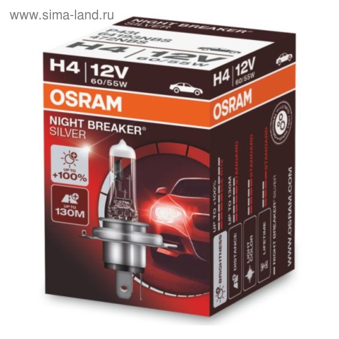 Лампа автомобильная Osram NIGHT SILVER H4 60, 55 P43t+100% 12V, 64193NBS - Фото 1