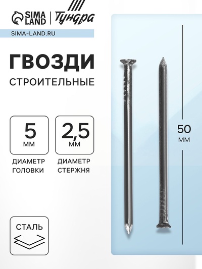 Гвозди ТУНДРА, строительные, ГОСТ 4028-63, без покрытия, 2.5×50 мм, фасовка 1 кг