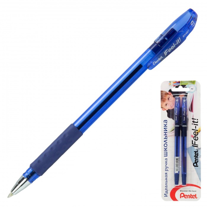 Набор ручек шариковых 2 штуки Pentel "Идеальная ручка школьника", 0,7 мм, 3-х гранная. зона захвата, стержень синий, блистер - Фото 1