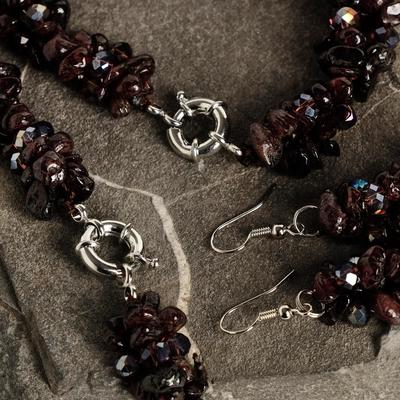 Набор 3 предмета: серьги, бусы, браслет «Гранат» крошка с хрусталем