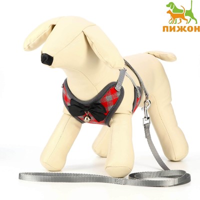 Шлейка с поводком, размер М, поводок 120×1 см, ОШ 28-48 см, ОГ 32-52 см, мягкая, красная, серая