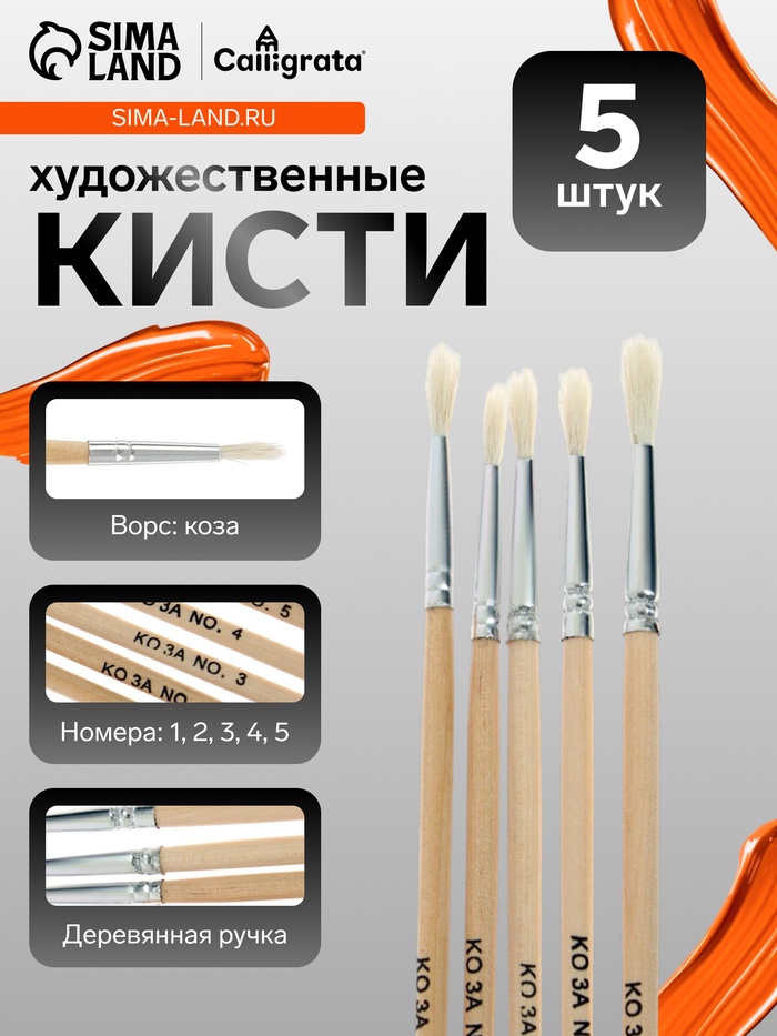 Набор кистей для рисования, коза, 5 штук: № 1, 2, 3, 4, 5, круглые, деревянная ручка, международный размер - Фото 1
