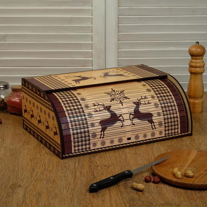 Хлебница деревянная "Орнамент с оленями", цветная, 38х26х14 см - Фото 1
