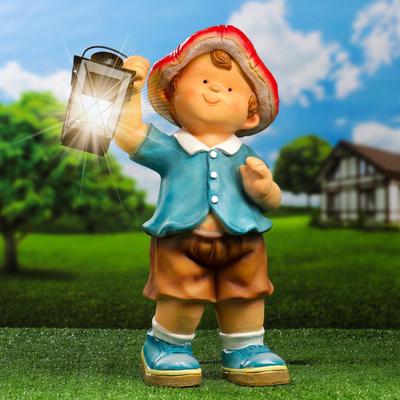 Садовая фигура из полистоуна «Гномик-грибочек с фонарём», 21×15×45 см