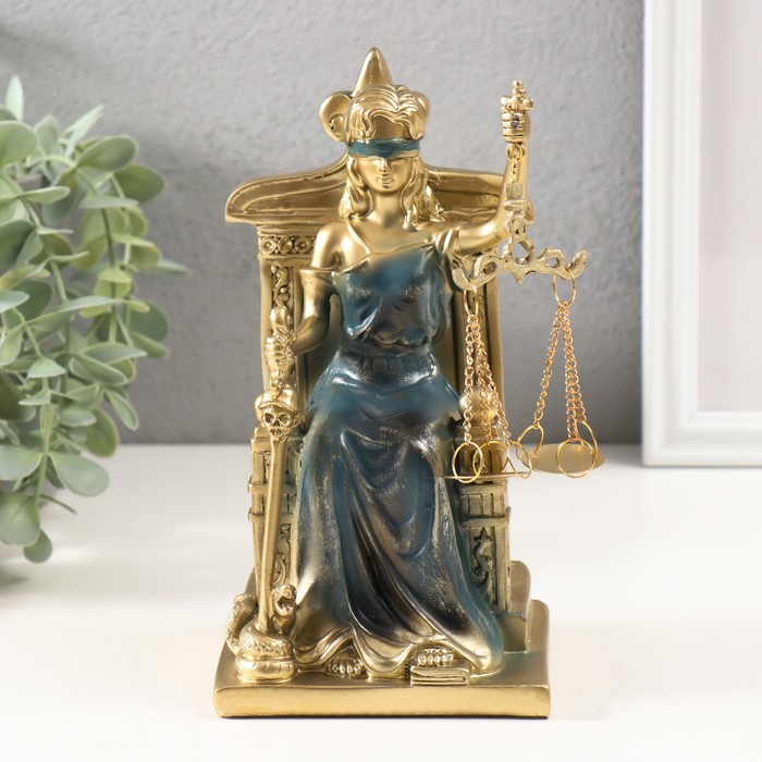 Сувенир полистоун "Богиня Фемида на троне" золотистый с синим 19х10х9 см - Фото 1