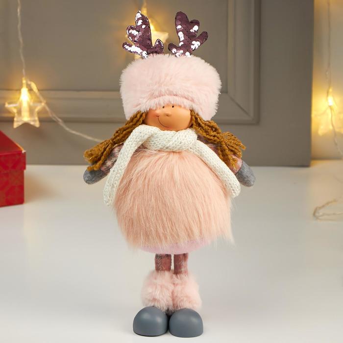 Кукла интерьерная "Девочка в розовой шубке и в шапке с ушками" 38х11х16 см - фото 1907117155