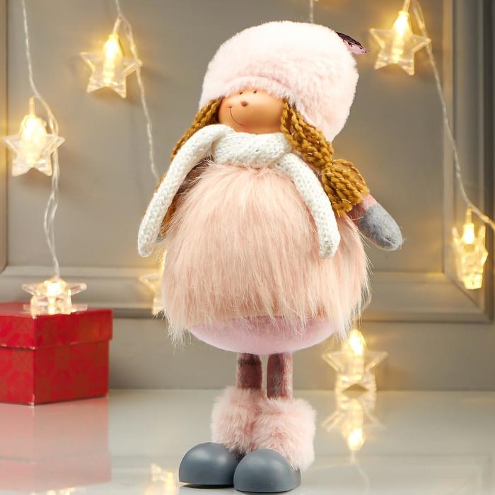Кукла интерьерная "Девочка в розовой шубке и в шапке с ушками" 38х11х16 см - фото 1886502850