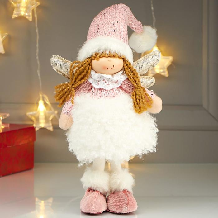 Кукла интерьерная &quot;Ангелочек Еся в белом меховой юбке, в розовом колпаке&quot; 39х7х18 см