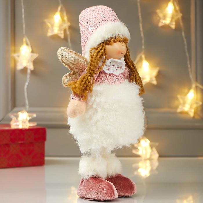 Кукла интерьерная "Ангелочек Еся в белом меховой юбке, в розовом колпаке" 39х7х18 см - фото 1907117203