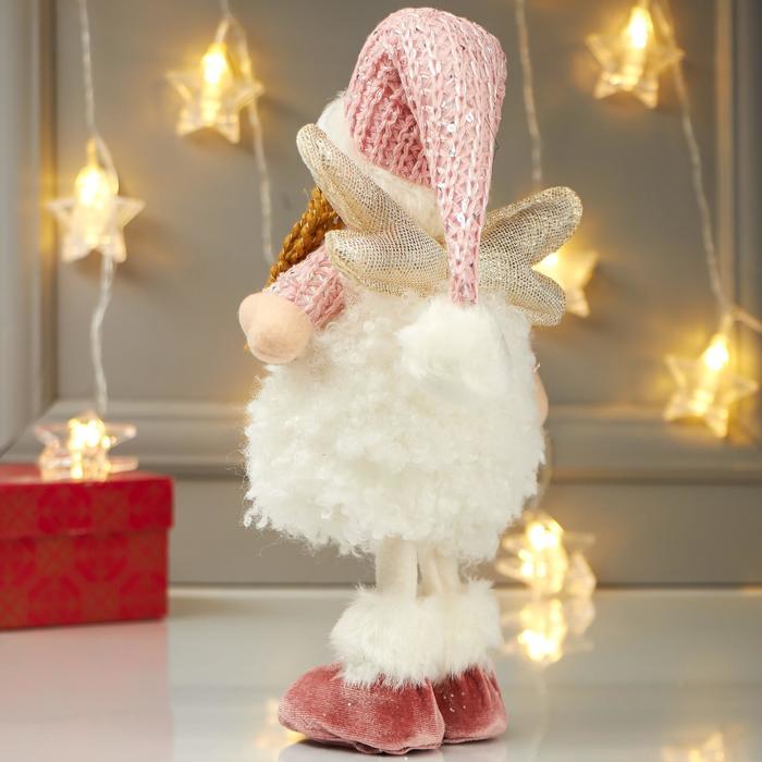 Кукла интерьерная "Ангелочек Еся в белом меховой юбке, в розовом колпаке" 39х7х18 см - фото 1907117205