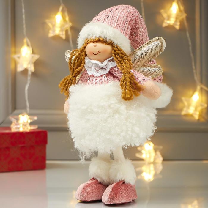 Кукла интерьерная "Ангелочек Еся в белом меховой юбке, в розовом колпаке" 39х7х18 см - фото 1907117206