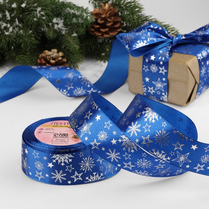 Лента атласная с тиснением «Снежинки», 40 мм, 23±1 м, синяя, серебряная №122
