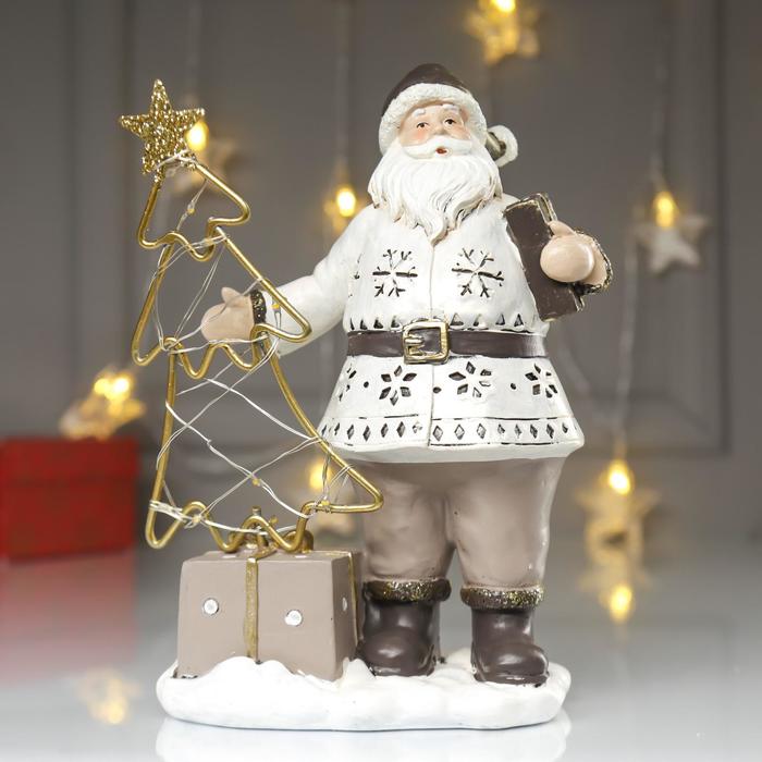Сувенир полистоун свет &quot;Дед Мороз в перламутр. кафтане у ёлочки - снежинки&quot; 22,5х9,5х16 см