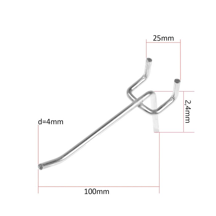 Крючок одинарный для металлической перфорированной панели, L=100мм, d=4,мм шаг 25мм - Фото 1