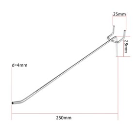 Крючок одинарный для металлической перфорированной панели, L=250мм, d=4мм, шаг 25мм (комплект 10 шт)