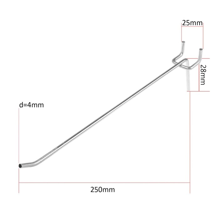 Крючок одинарный для металлической перфорированной панели, L=250мм, d=4мм, шаг 25мм - Фото 1