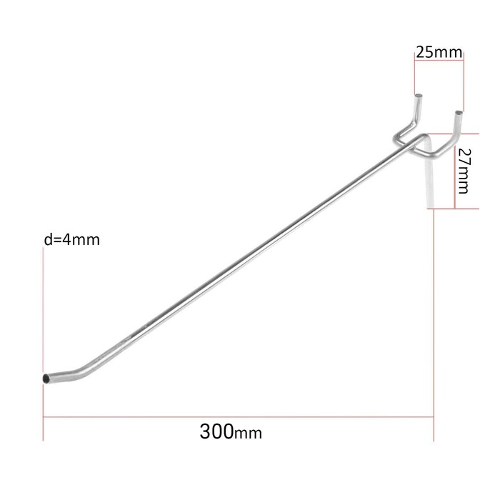Крючок одинарный для металлической перфорированной панели, L=300мм, d=4мм, шаг 25мм