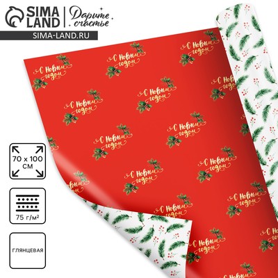 Упаковочная бумага на Новый год глянцевая двусторонняя «Новогодние ветви», 70×100 см