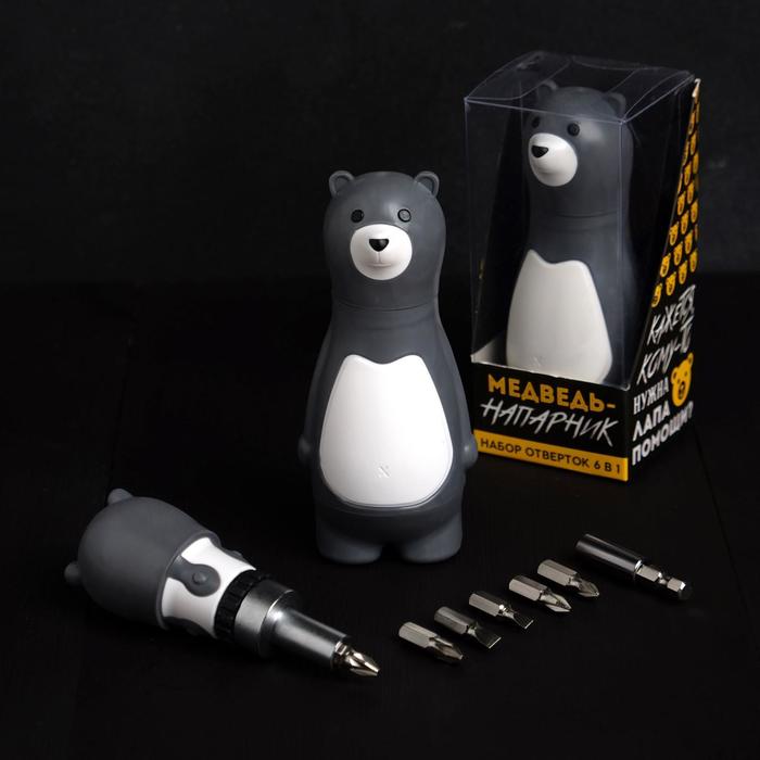 Подарочный набор инструментов "Медведь-напарник", подарочная упаковка, набор бит 7 шт, держатель для бит - Фото 1