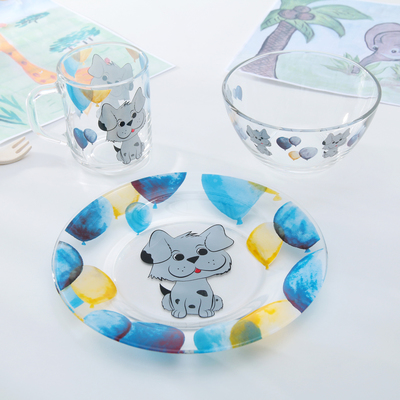 Набор детской посуды Доляна «Шарик», 3 предмета: кружка 200 мл, миска 450 мл, тарелка d=20 см, стекло, прозрачный, синий