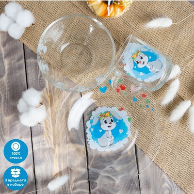 Набор детской посуды Доляна «Зайчонок», 3 предмета: кружка 200 мл, миска 450 мл, тарелка d=20 см, стекло, прозрачный, голубой