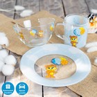 Набор детской посуды Доляна «Мишутка», 3 предмета: кружка 200 мл, миска 450 мл, тарелка d=20 см, стекло, прозрачный, голубой - Фото 1