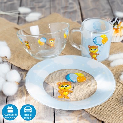 Набор детской посуды Доляна «Мишутка», 3 предмета: кружка 200 мл, миска 450 мл, тарелка d=20 см, стекло, прозрачный, голубой