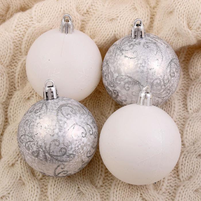 Ёлочные игрушки «Морозные узоры», шары новогодние, d=6 см, набор 9 шт., белый/серебро - Фото 1