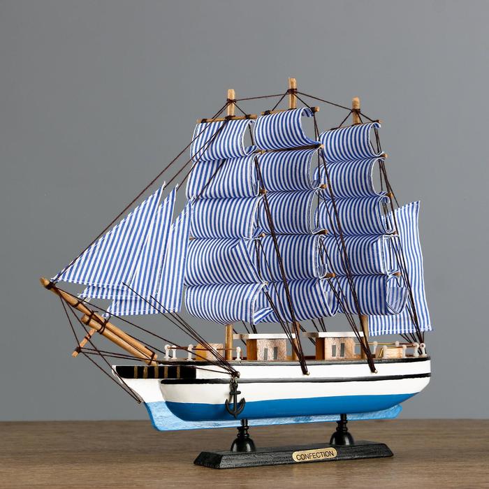 Корабль "Чесма" трехмачтовый сине-белые папруса, 34*7*32см - фото 1898321085