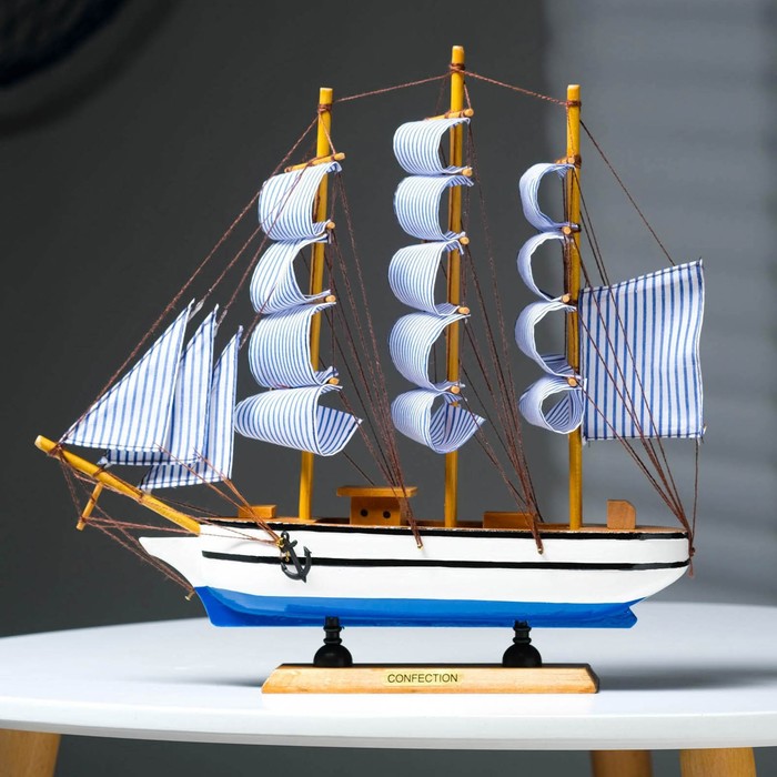 Корабль "Чесма" трехмачтовый сине-белые папруса, 34*7*32см - фото 1898321090