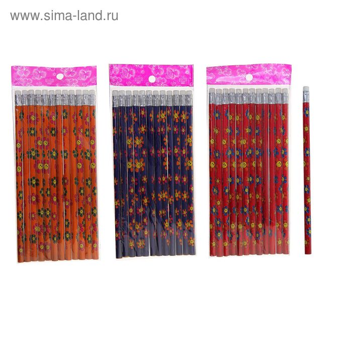 Набор карандашей чернографитных с ластиками 12шт НВ "Ромашки" МИКС - Фото 1