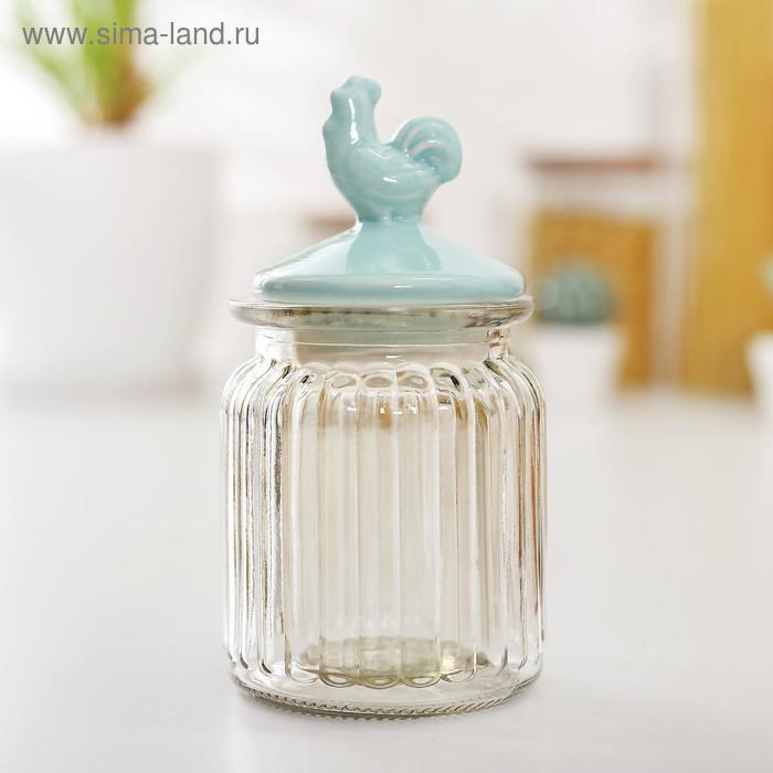 Банка для сыпучих продуктов с керамической крышкой «Петух», 300 мл, 7,5×14,5 см, цвет голубой - Фото 1
