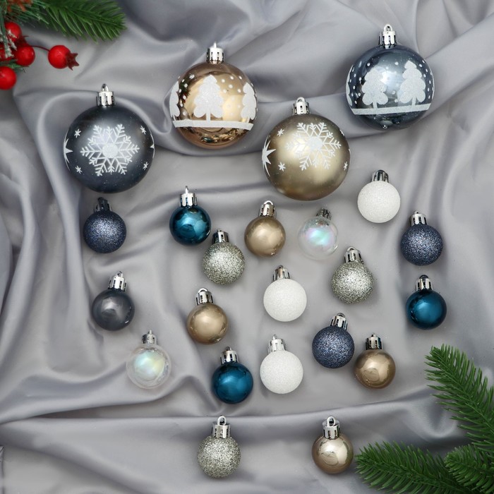 Ёлочные игрушки «Морозное утро», шары новогодние, d=3 см, d=6 см, набор 32 шт., МИКС - Фото 1