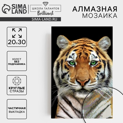 Алмазная мозаика с частичным заполнением «Тигр» 20×30 см, на холсте