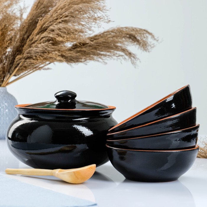 Набор посуды "Вятская керамика" 2,5л + 4х0,5л + ложка, черный - Фото 1