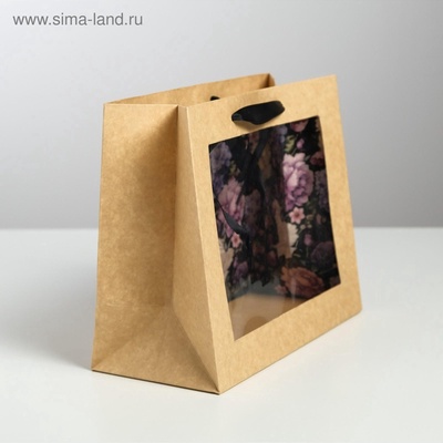 Пакет подарочный крафтовый с пластиковым окном, упаковка, «Flowers», 24×20×11 см
